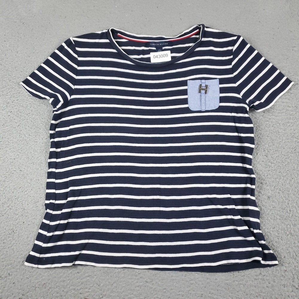 Tommy Hilfiger T Shirt Womens Large Blue White Striped Short Sleeve Pocket Tee